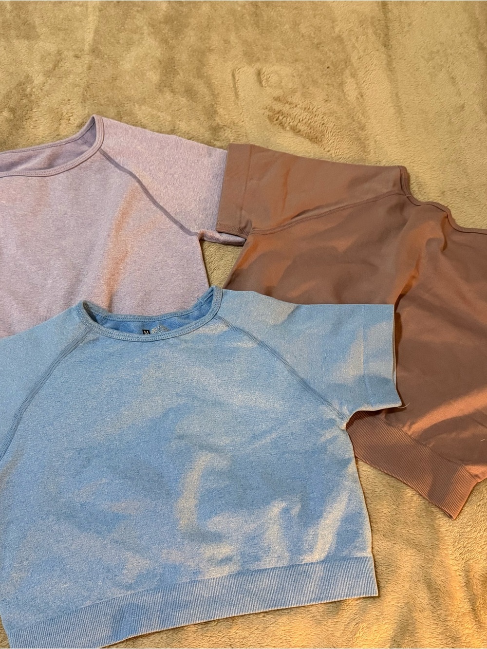 Short-Sleeve fitted crop top - Light Blue, purple and tan